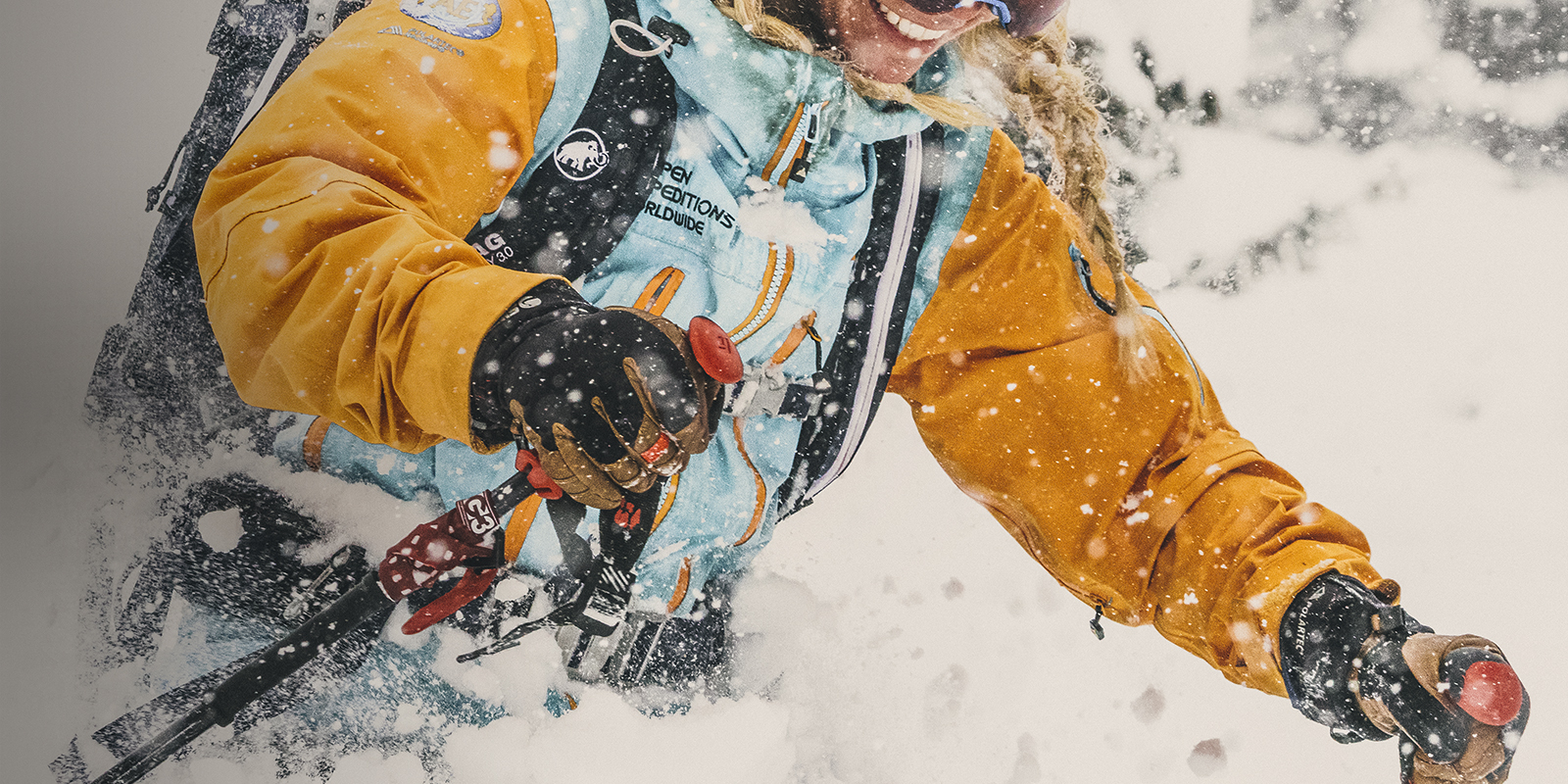 A close up image of a person skiing 